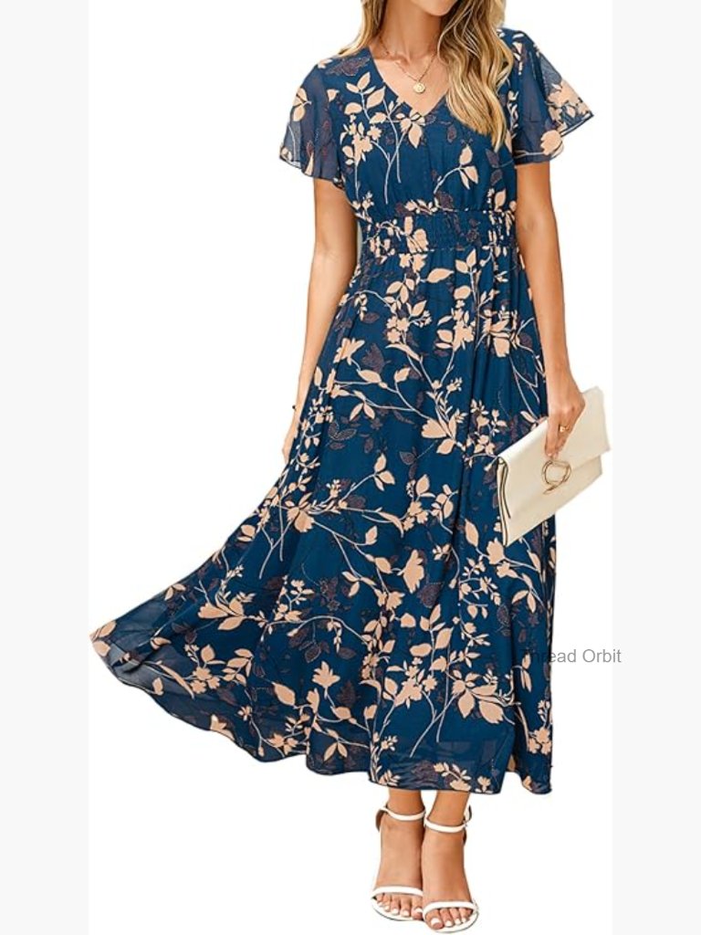 Womens Floral Maxi Dress - Short Sleeve Boho Wedding Guest